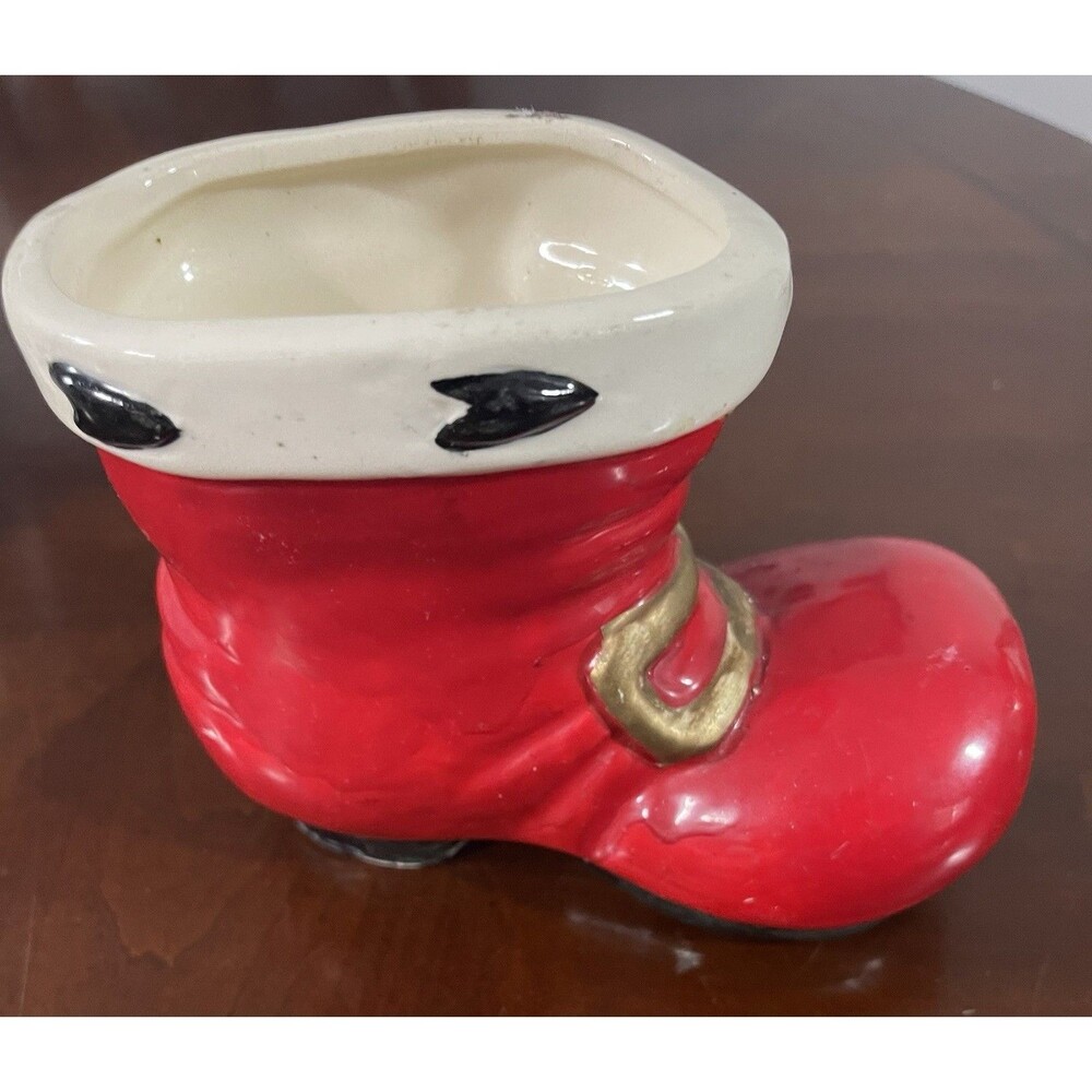 Vintage Santa Boot Ceramic Hand Painted Planter Or Candy Dish Figurine